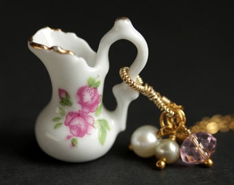Porcelain Pitcher Necklace. Victorian Pitcher Necklace with Pink Crystal and Pearl Charms. Pink Roses Ewer Necklace. Gold Necklace.