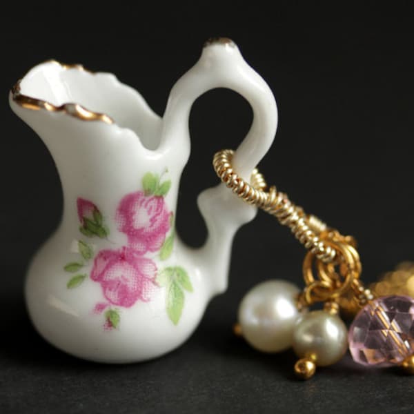 Porcelain Pitcher Necklace. Victorian Pitcher Necklace with Pink Crystal and Pearl Charms. Pink Roses Ewer Necklace. Gold Necklace.