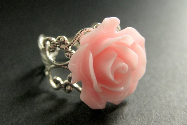 Pink Rose Ring. Pink Flower Ring. Adjustable Ring. Filigree Ring. Flower Jewelry. Handmade Jewelry. image 1