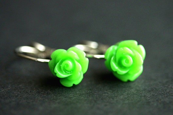 Green Rose Earrings. Dangle Earrings. Green Earrings. Flower