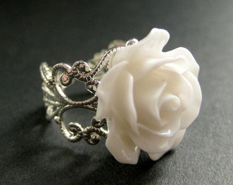 White Rose Ring. White Flower Ring. Filigree Ring. Adjustable Ring. Flower Jewelry. Handmade Jewelry.