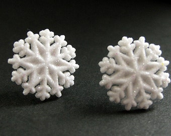Snowflake Earrings No.6 - White Snow Earrings with Silver Stud Earring Backs. Winter Earrings. Handmade Jewelry.