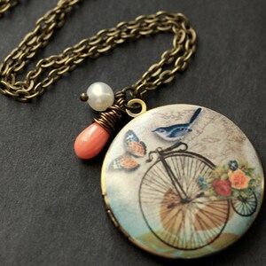 Bluebird Locket Necklace. Bicycle Locket Necklace. Bird Necklace with Pink Coral Teardrop and Pearl. Photo Locket Necklace. Handmade Jewelry image 2