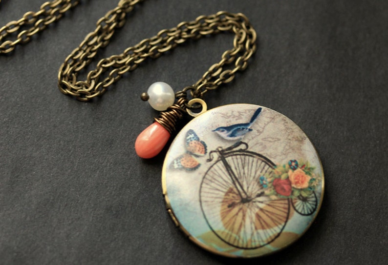 Bluebird Locket Necklace. Bicycle Locket Necklace. Bird Necklace with Pink Coral Teardrop and Pearl. Photo Locket Necklace. Handmade Jewelry image 2