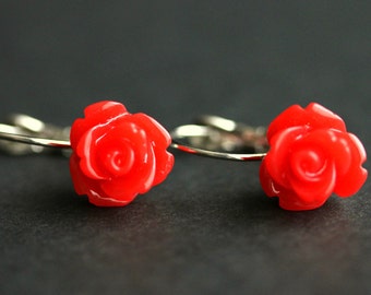 Red Rose Dangle Earrings. Red Flower Earrings. Rose Earrings. Red Earrings. Silver Lever Back Earrings. Flower Jewelry. Handmade Jewelry.