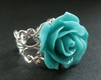 Turquoise Rose Ring. Teal Flower Ring. Filigree Ring. Adjustable Ring. Flower Jewelry. Handmade Jewelry.