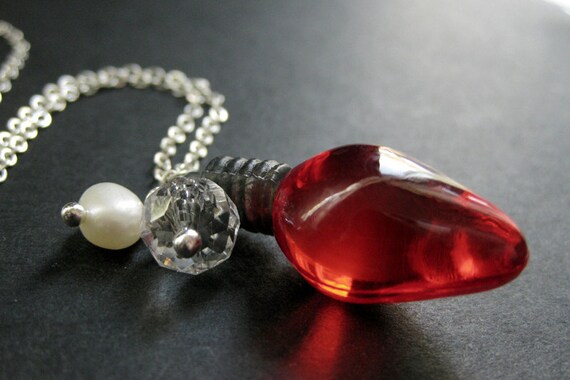 Christmas Necklace. Red Holiday Necklace. Holiday Lights with Crystal and Pearl Charm. Handmade Christmas Jewelry.