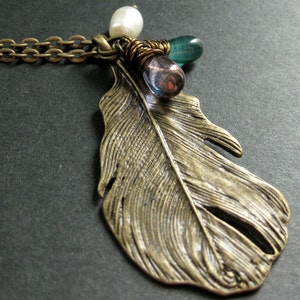 Feather Necklace. Bronze Charm Necklace in Teal, Purple and Fresh Water Pearl. Handmade Jewellery. image 1