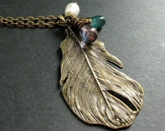 Feather Necklace. Bronze Charm Necklace in Teal, Purple and Fresh Water Pearl. Handmade Jewellery.