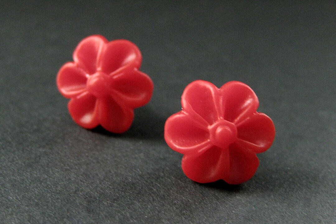 Red Flower Earrings With Bronze Earring Studs. Outie Button Flower Jewelry. Handmade Jewelry. Etsy