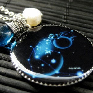 Aquarius Zodiac Necklace. Sun Sign Charm Necklace in Teal Blue. Handmade Jewelry.