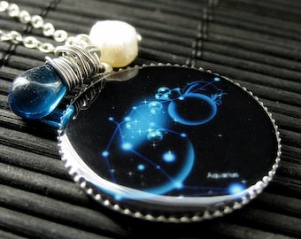 Aquarius Zodiac Necklace. Sun Sign Charm Necklace in Teal Blue. Handmade Jewelry.