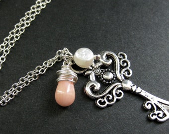 Key Necklace in Silver with Fresh Water Pearl and Pink Coral Teardrop. Charm Necklace. Handmade Jewelry.