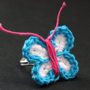 Crochet Butterfly Ring in Blue, White and Fuchsia . Silver Adjustable Ring. Handmade Jewelry. image 1