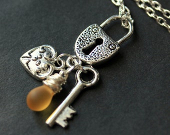 Lock Necklace. Silver Lock Charm Necklace with Heart and Key Charms. (Personalized Teardrop Color) Handmade Jewelry.