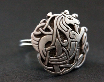 Celtic Seahorse Ring. Celtic Knot Silver Button Ring. Horse Button Ring. Adjustable Ring. Handmade Jewelry.