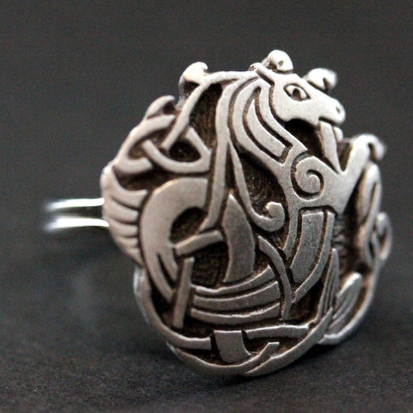 Celtic Seahorse Ring. Celtic Knot Silver Button Ring. Horse Button Ring. Adjustable Ring. Handmade Jewelry.