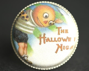 Halloween Night Ring. Vintage Print Button Ring. Halloween Ring. Silver Ring. Adjustable Ring. Halloween Jewelry. Handmade Ring.