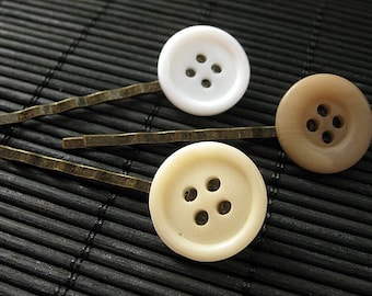 Brown Button Hair Pins. Button Bobby Pins in Brown, Cream and White. Handmade Hair Accessories.