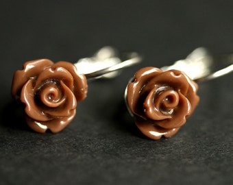 Brown Rose Earrings. Dangle Earrings. Brown Earrings. Flower Earrings with Silver Lever Back Hooks. Flower Jewelry. Handmade Jewelry.