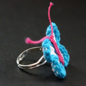 Crochet Butterfly Ring in Blue, White and Fuchsia . Silver Adjustable Ring. Handmade Jewelry. image 3