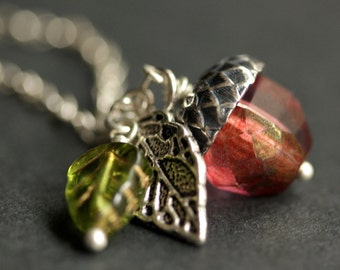 Acorn Necklace. Sunset Berry Crystal Acorn Pendant. Crystal Necklace. Silver Acorn Charm Necklace. Red Acorn Jewelry