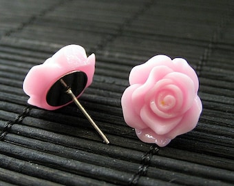 Pink Rose Earrings in Resin. Silver Post Earrings. Stud Earrings. Flower Jewelry. Handmade Jewelry.