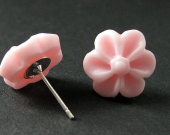 Pretty Pink Flower Earrings with Silver Earring Posts. Outie Button Flower Jewelry. Handmade Jewelry.