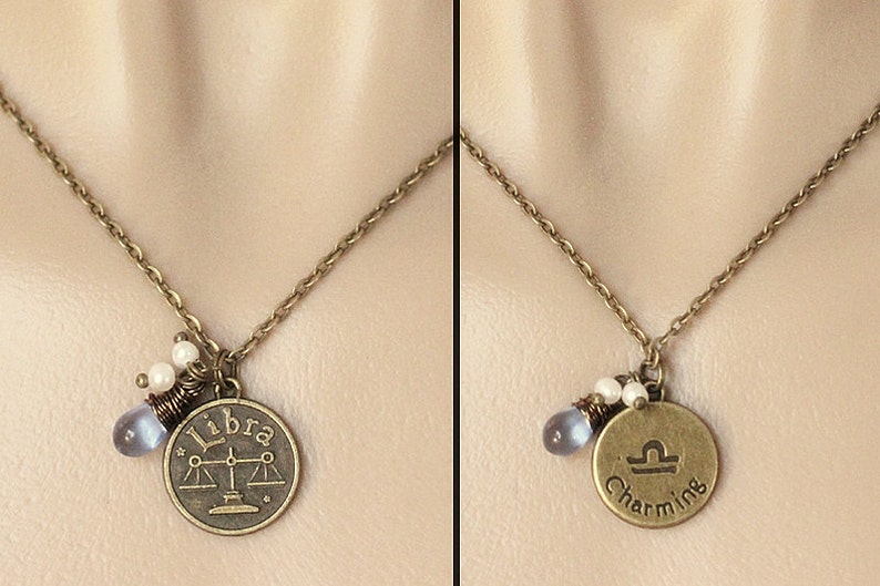 Handmade Jewelry. Libra Horoscope Necklace Zodiac Necklace with Glass Teardrop and Fresh Water Pearl Libra Astrology Necklace