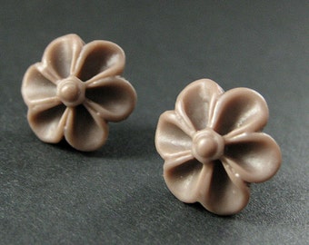 Powder Brown Flower Earrings with Silver Earring Studs. Outie Button Flower Jewelry. Handmade Jewelry.