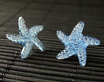 Blue Starfish Earrings with Silver Post Earrings Back. Handmade Jewelry.
