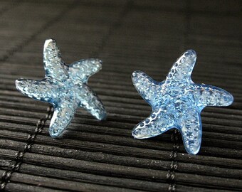 Blue Starfish Earrings with Silver Post Earrings Back. Handmade Jewelry.