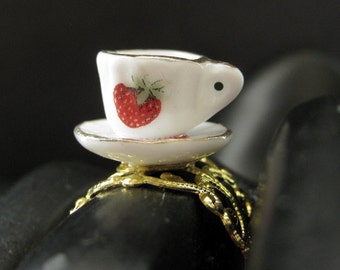 Strawberry Teacup Ring. Porcelain Tea Cup Ring. Gold Filigree Adjustable Ring. Handmade Jewelry.