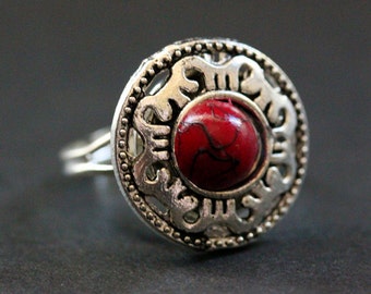 Blood Mandala Ring. Dark Red and Silver Mandala Ring. Button Ring. Adjustable Ring. Handmade Jewelry.