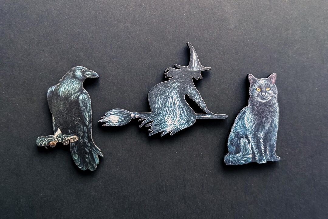 Spooky Halloween Fridge Magnets. Set of Three. Raven, Witch, and Black ...