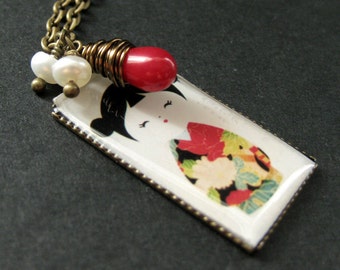 Kawaii Japanese Doll Necklace. Kokeshi Pendant with Red Coral Teardrop and Pearls. Handmade Jewelry.