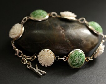 Baroque Flower Bracelet in Silver. Personalized Flower Bracelet. Green and White Flower Bracelet. Handmade Bracelet.