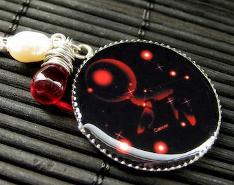 Cancer Zodiac Necklace. Sun Sign Charm Necklace in Red. Handmade Jewelry.