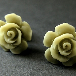 Army Green Flower Earrings. Khaki Green Earrings. Gardenia Flower Earrings. Bronze Post Earrings. Green Rose Earrings. Handmade Earrings.