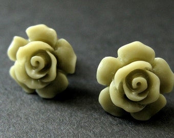 Army Green Flower Earrings. Khaki Green Earrings. Gardenia Flower Earrings. Bronze Post Earrings. Green Rose Earrings. Handmade Earrings.