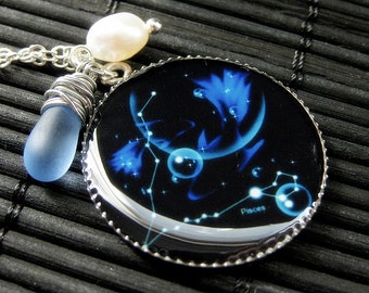 Pisces Zodiac Necklace. Sun Sign Charm Necklace in Blue. Handmade Jewelry.