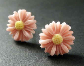 Peach Sunflower Earrings. Peach Flower Earrings in Silver. Post Earrings. Handmade Jewelry.