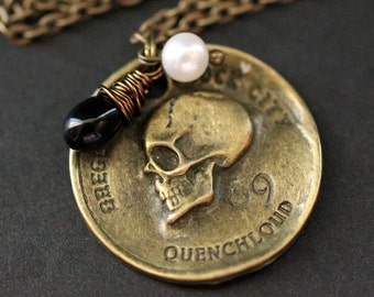 Pirate's Coin Necklace. Goth Necklace. Bronze Skull Necklace with Black Teardrop and Fresh Water Pearl. Halloween Jewelry. Handmade Jewelry.