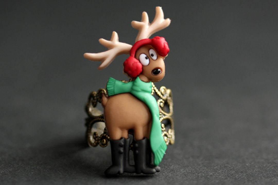 Reindeer Ring. Christmas Deer Ring. Holiday Jewelry. Adjustable Ring ...