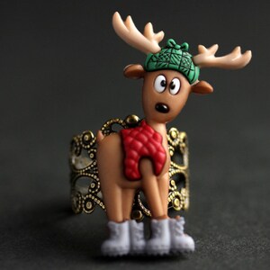 Santa&#39;s Reindeer Ring. Christmas Ring. Deer Ring. Holiday Ring. Holiday Jewelry. Adjustable Ring. Bronze Ring. Christmas Jewelry.
