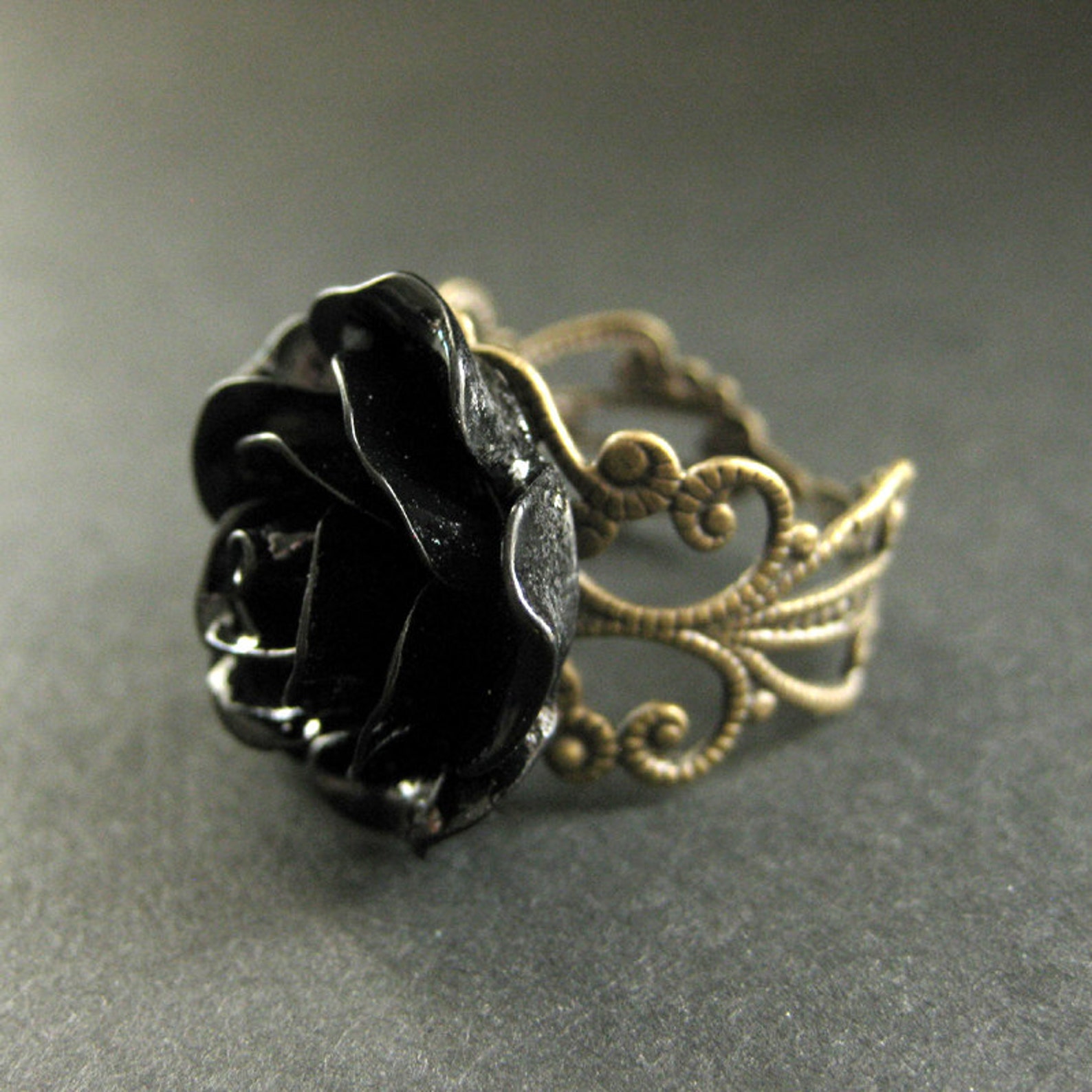 Black Rose Ring. Black Flower Ring. Filigree Ring. Adjustable Etsy