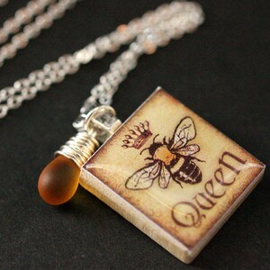 Bee Necklace. Queen Bee Necklace. Scrabble Tile Necklace with Frosted Honey Teardrop. Handmade Jewelry. image 2