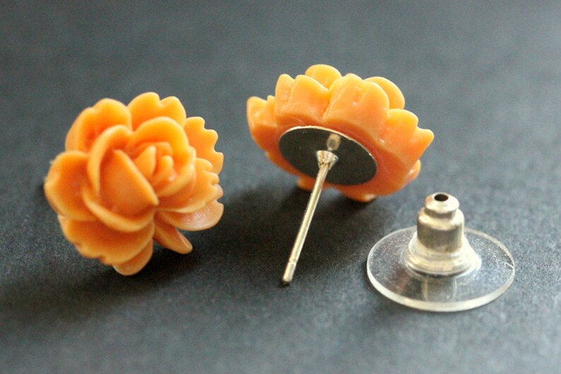 Orange Lotus Flower Earrings. Orange Lotus Earrings. Silver Post Earrings. Orange Earrings. Stud Earrings. Handmade Jewelry. image 3