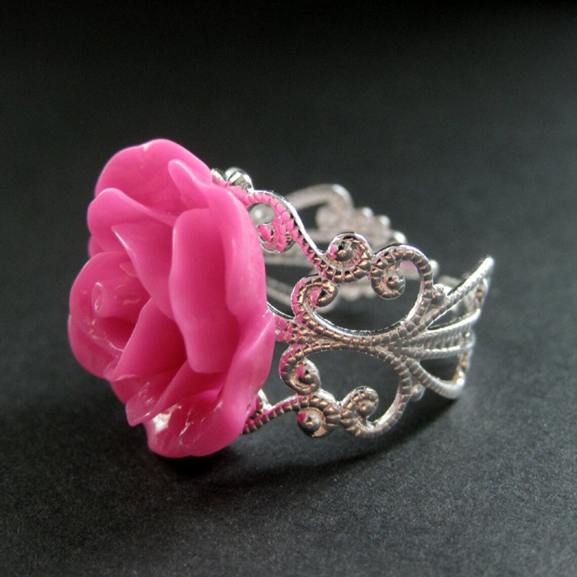 Hot Pink Rose Ring. Pink Flower Ring. Filigree Adjustable Etsy