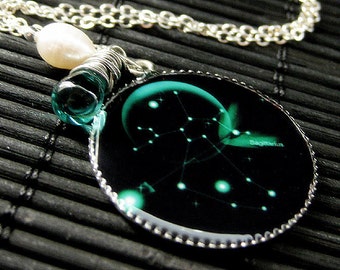 Sagittarius Zodiac Necklace. Sagittarius Necklace. Sun Sign Charm Necklace in Teal Green. Handmade Jewelry.